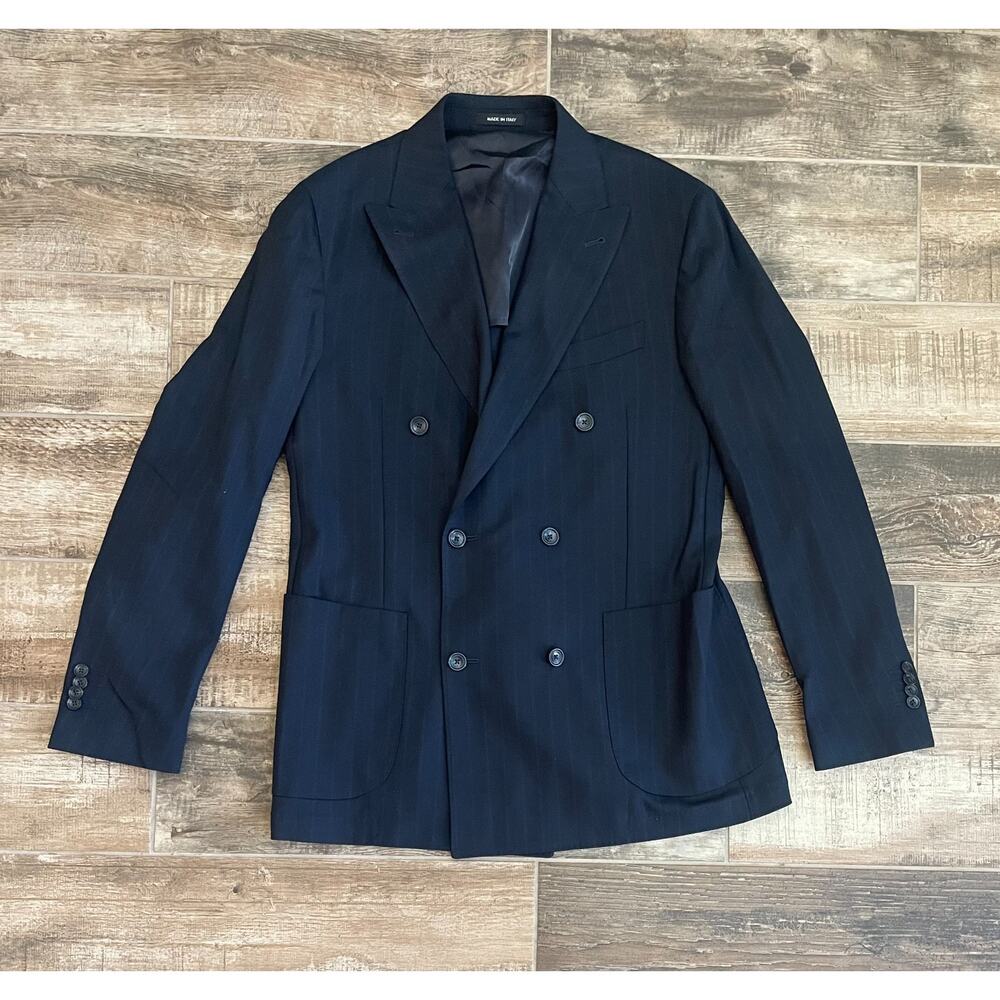 $1,200 NWT Saks Fifth Avenue Navy Double Breasted Pin Stripe Wool Blazer 46 L